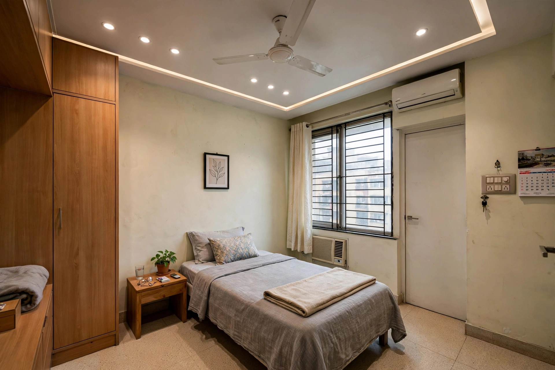Low-ceiling bedroom with a simple flat false ceiling