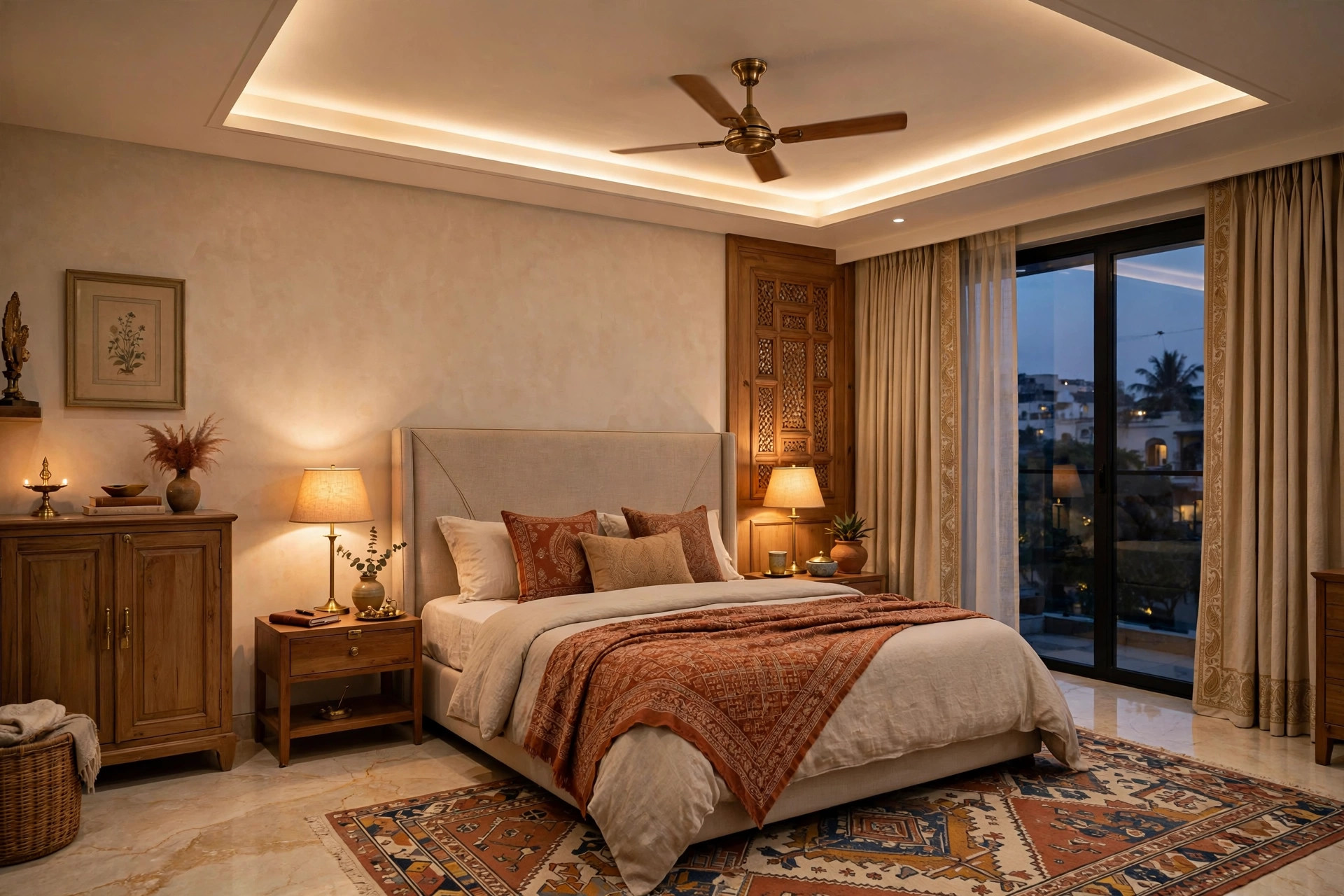 Master bedroom with an elegant simple tray ceiling and warm lighting