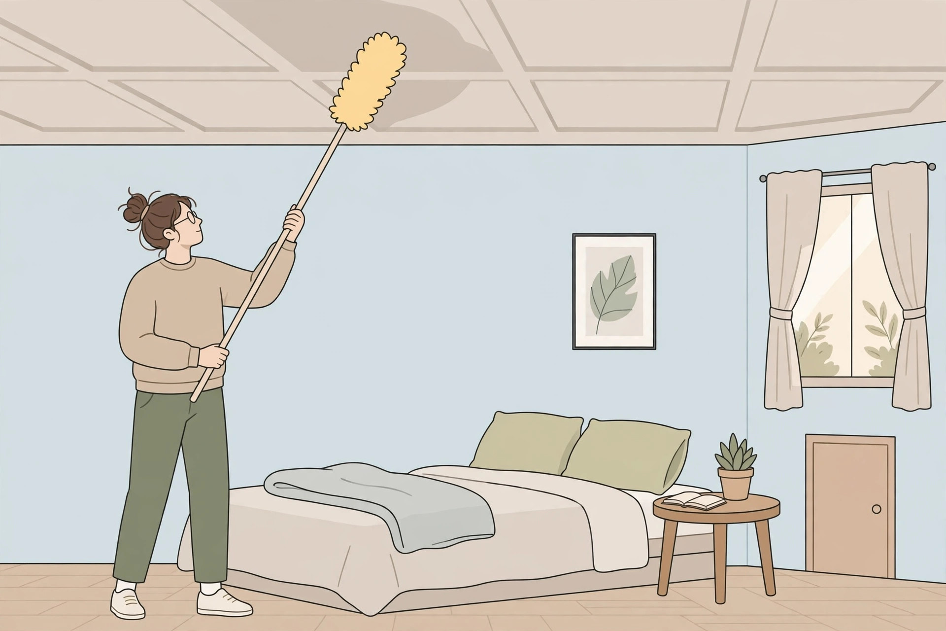 Illustration of cleaning a bedroom false ceiling with a soft duster