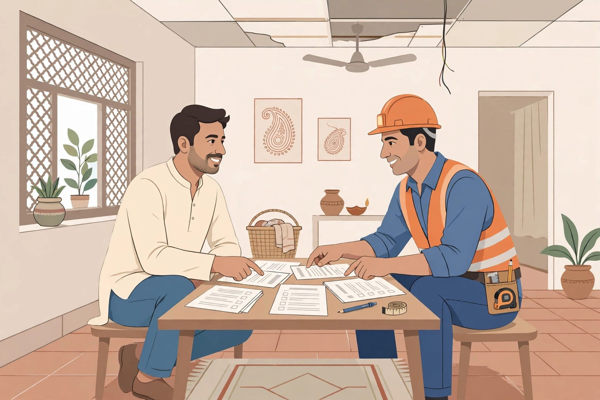 Illustration of a homeowner discussing an itemised ceiling quote with a contractor