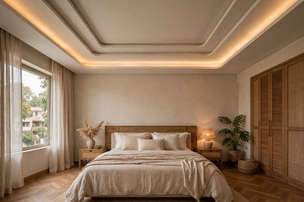 Master bedroom with a 2026-style gypsum tray ceiling and warm cove lighting