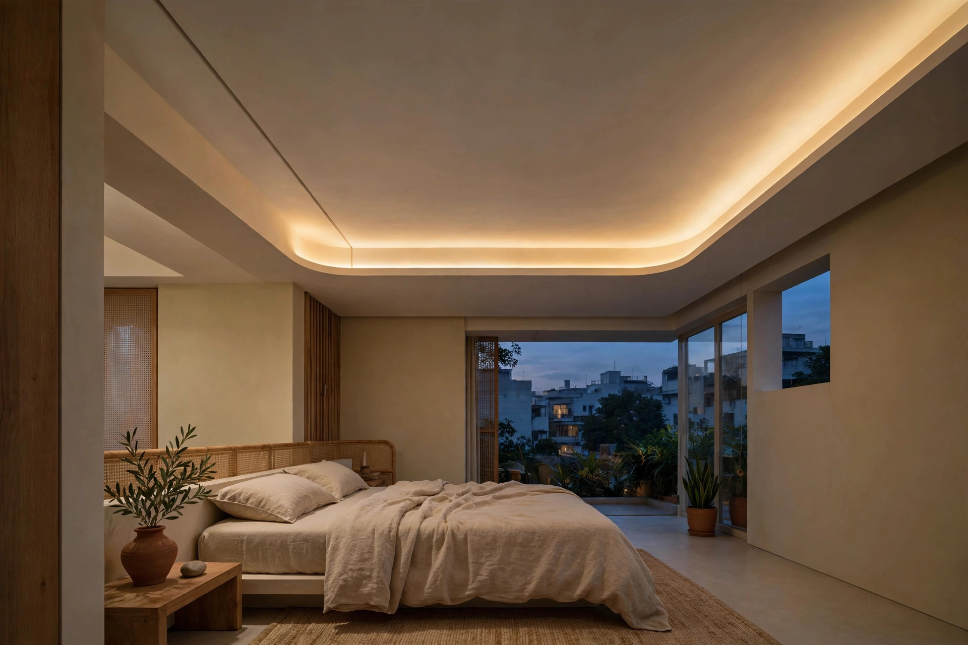 Bedroom with warm cove LED strip lighting as the main light source