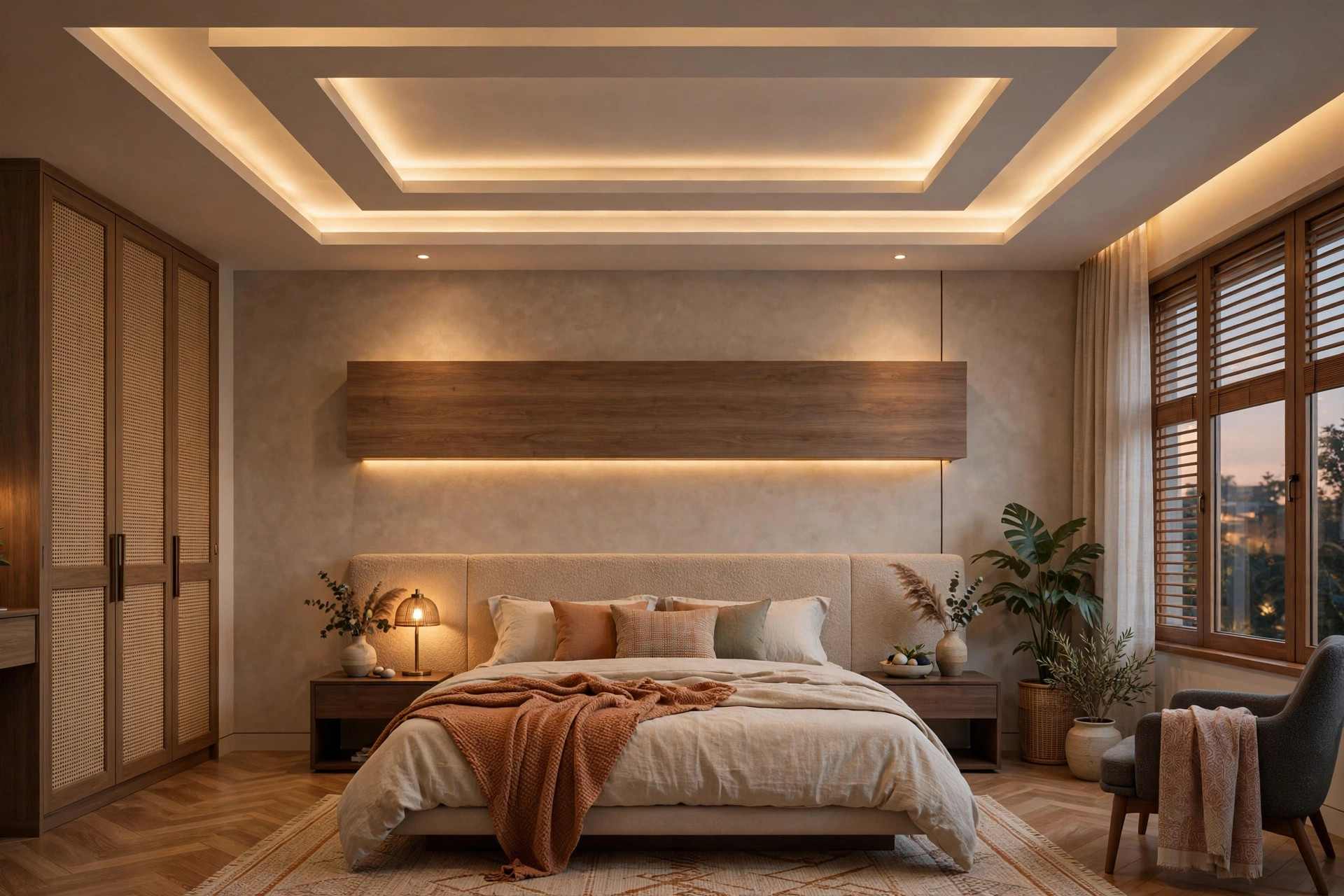 Bedroom tray ceiling with a floating panel above the bed