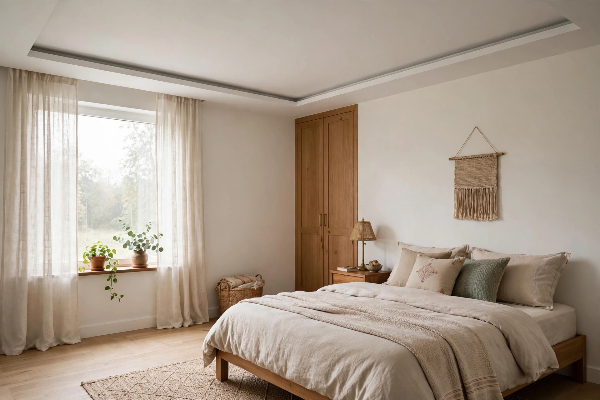 Bedroom with a slim border false ceiling and plain centre