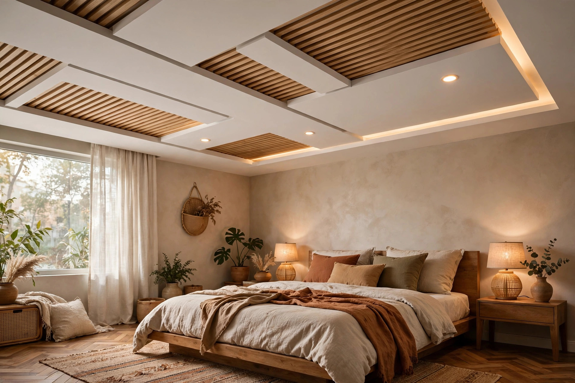 Bedroom ceiling combining gypsum panels with wood slat accents
