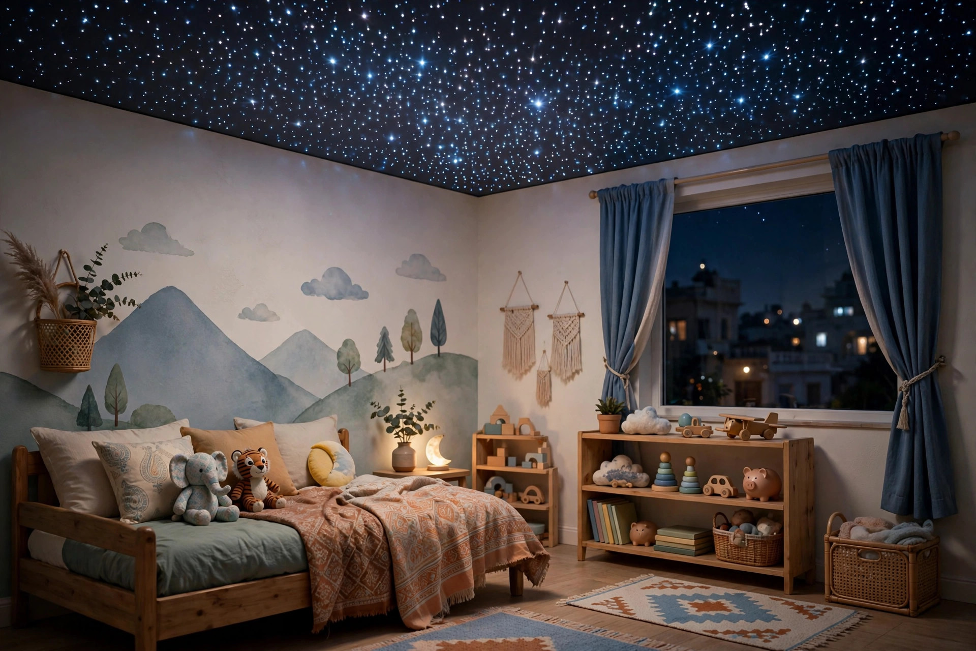 Kids bedroom with a starfield fibre-optic LED ceiling