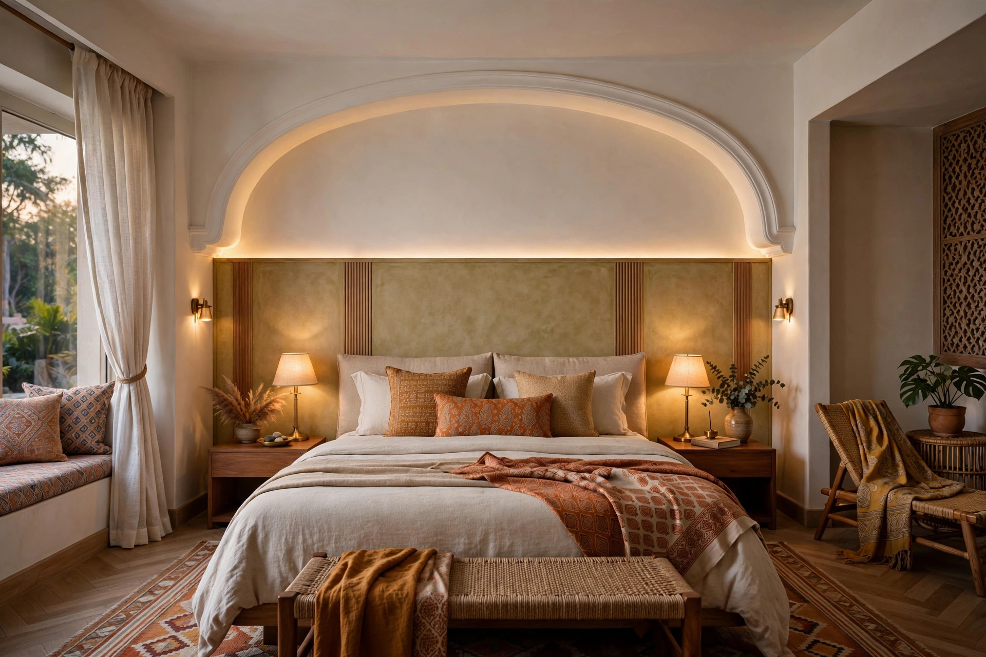 Bedroom with a curved gypsum ceiling border above the headboard wall