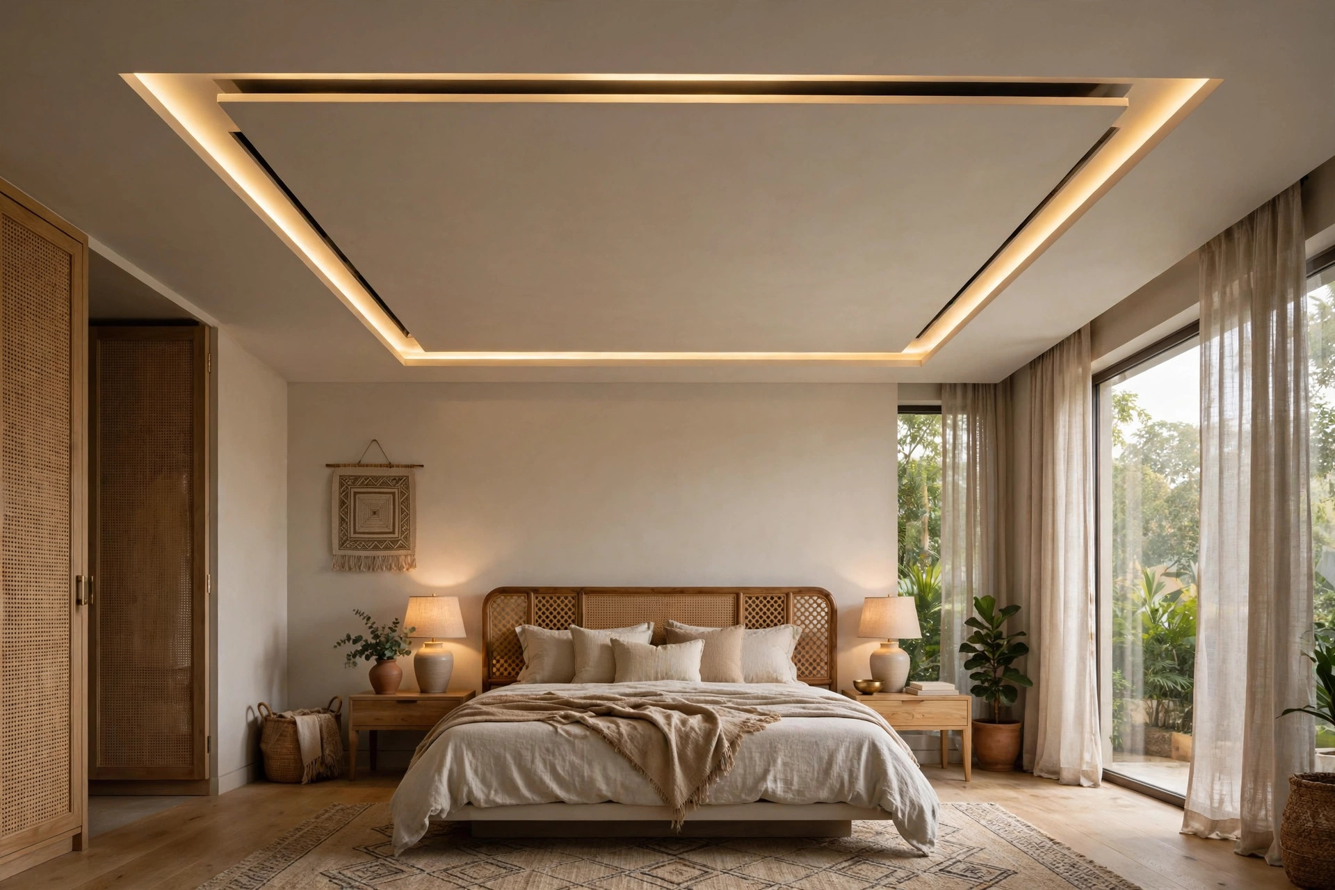 Bedroom with a floating backlit ceiling panel