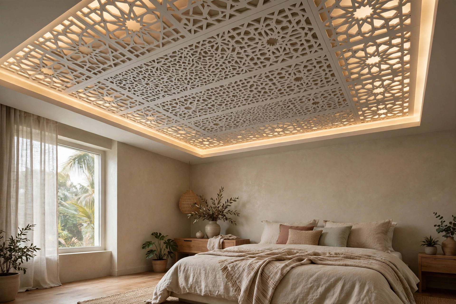 Bedroom ceiling with CNC-cut geometric gypsum panels