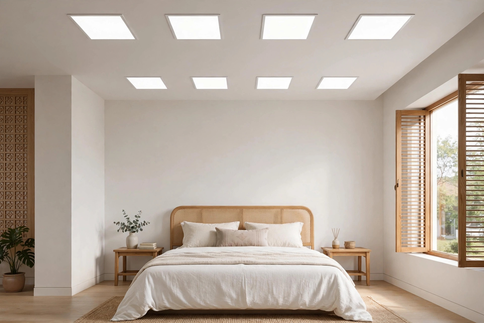 Bedroom with integrated LED panel lights in a gypsum ceiling