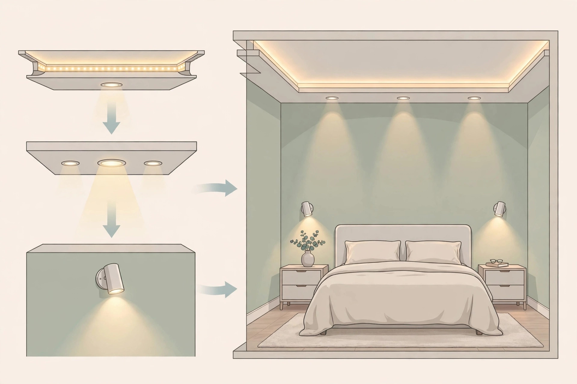 Diagram of bedroom ceiling lighting layers: cove, downlights and reading lights