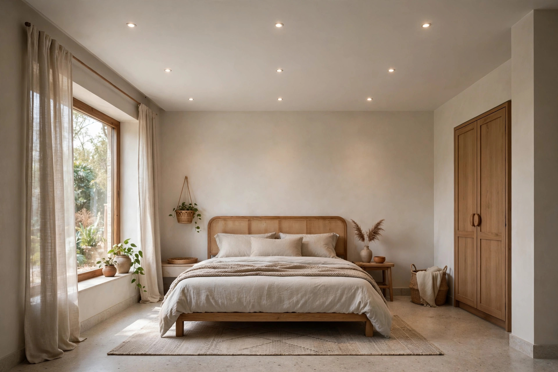 Bedroom with a flat single-level false ceiling and recessed spotlights