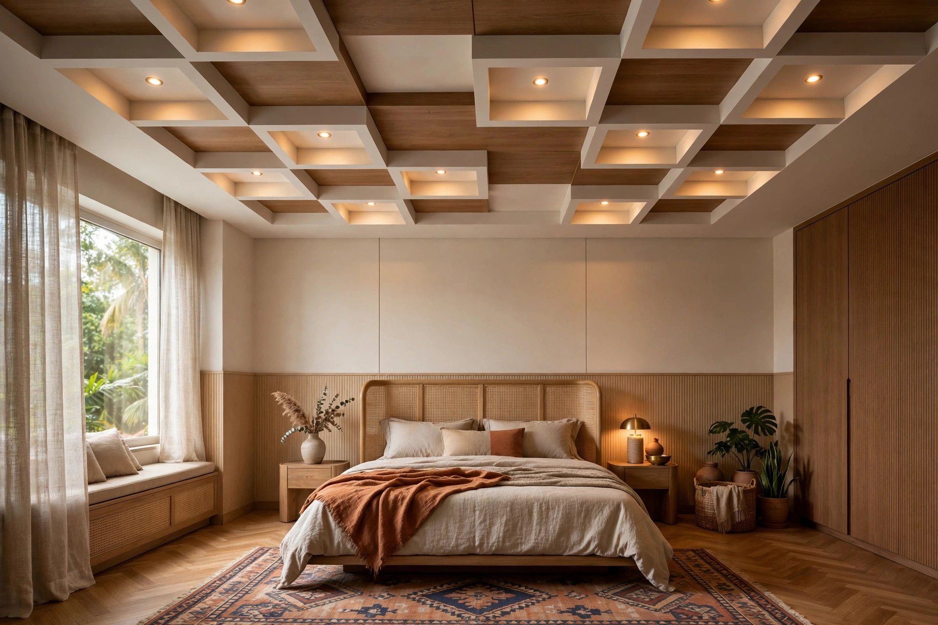 Bedroom with a plus-minus stepped false ceiling
