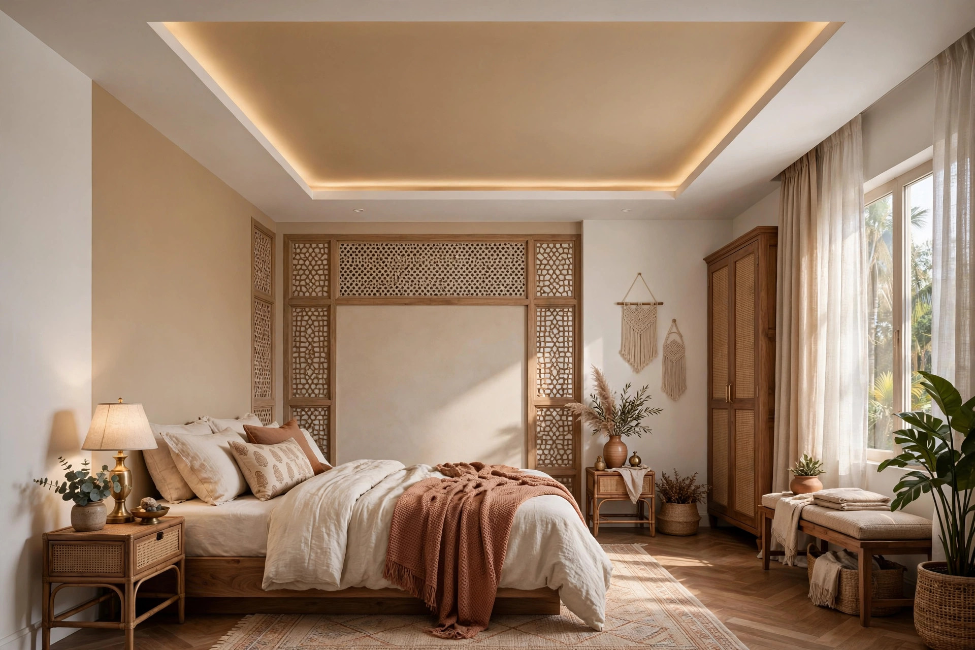 Bedroom with a two-tone false ceiling in warm beige and white