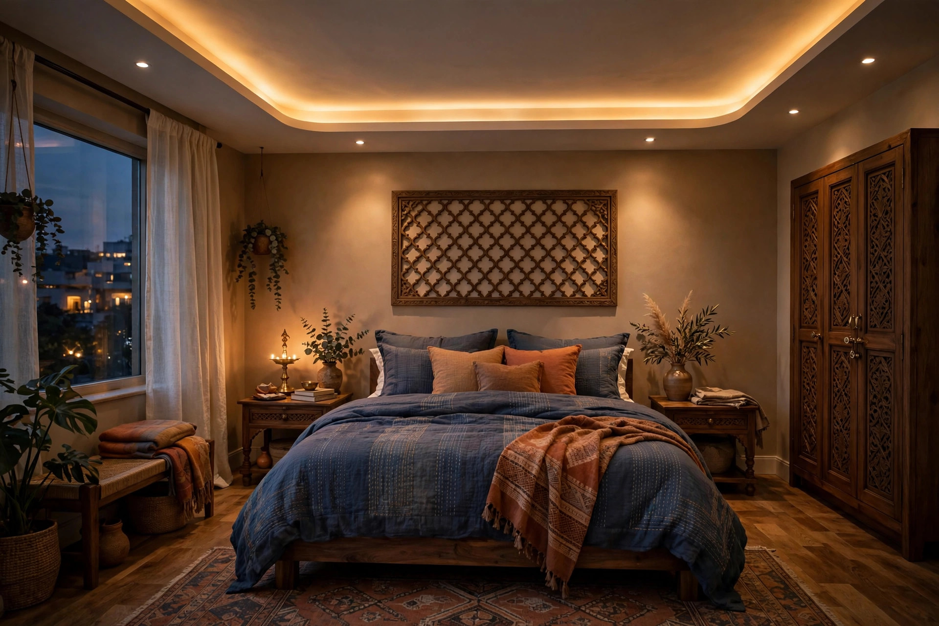 Bedroom with dimmable warm ceiling lighting at evening