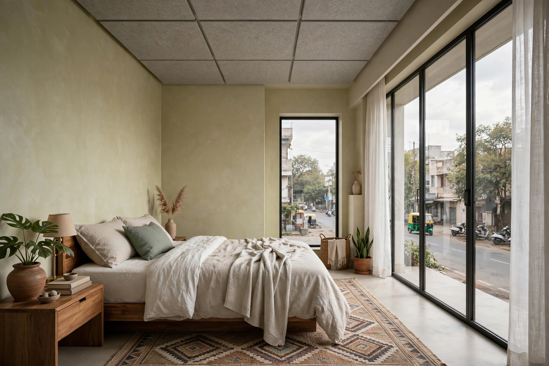 Bedroom with acoustic ceiling panels near a road-facing wall