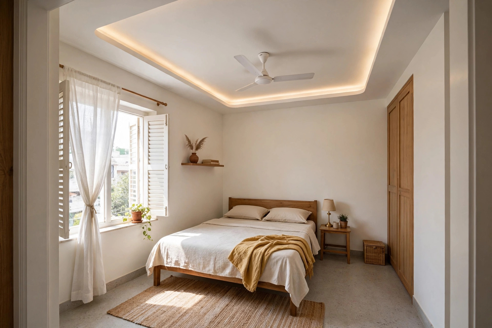 Compact bedroom with a border-only false ceiling