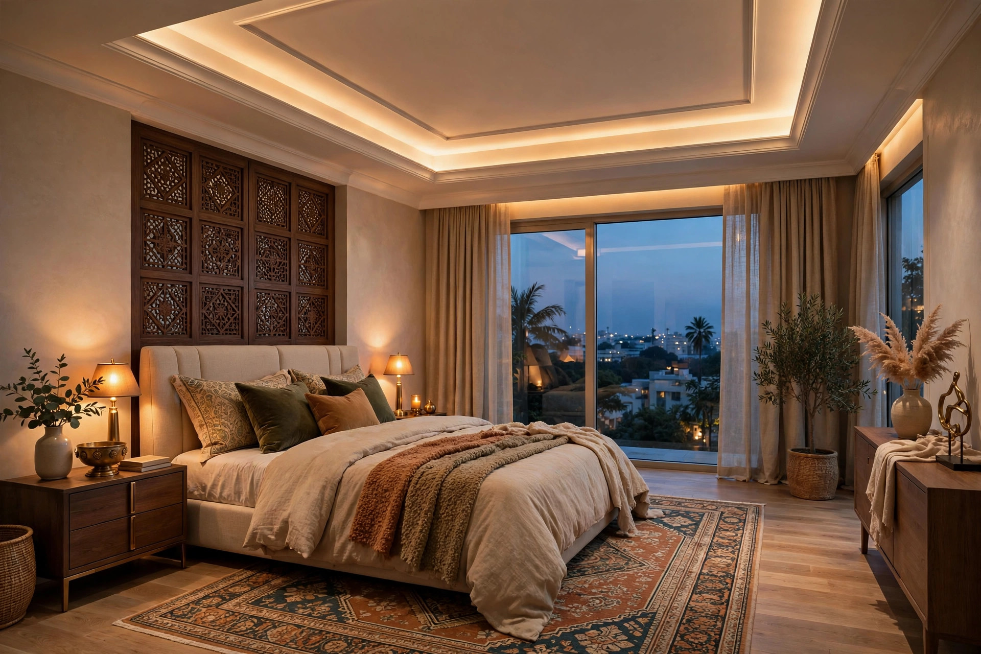 Master bedroom with a finished 2026-style ceiling at dusk