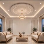 Concept render of a formal drawing room with a symmetrical tray ceiling and a chandelier centrepiece