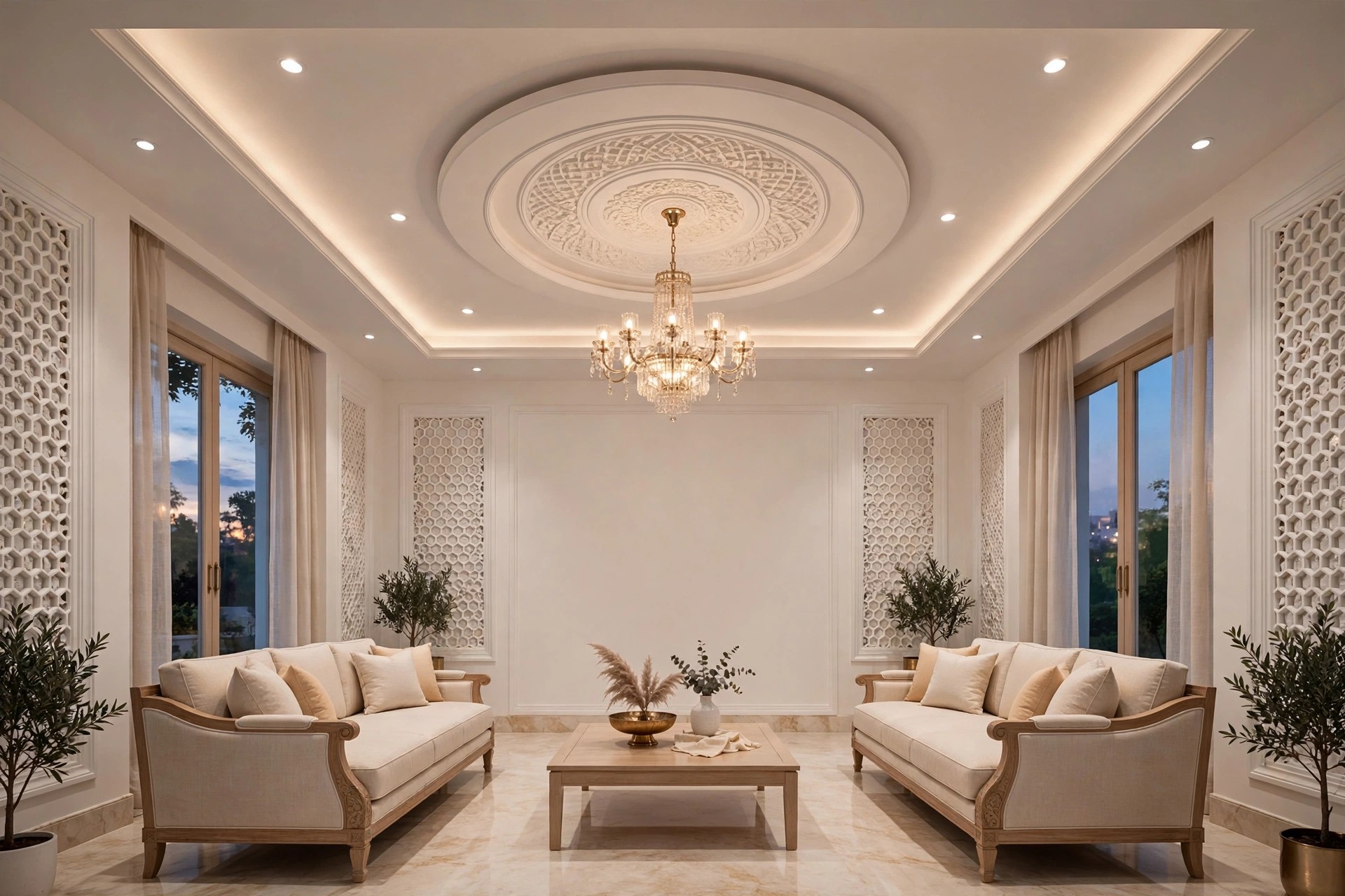 Concept render of a formal drawing room with a symmetrical tray ceiling and a chandelier centrepiece