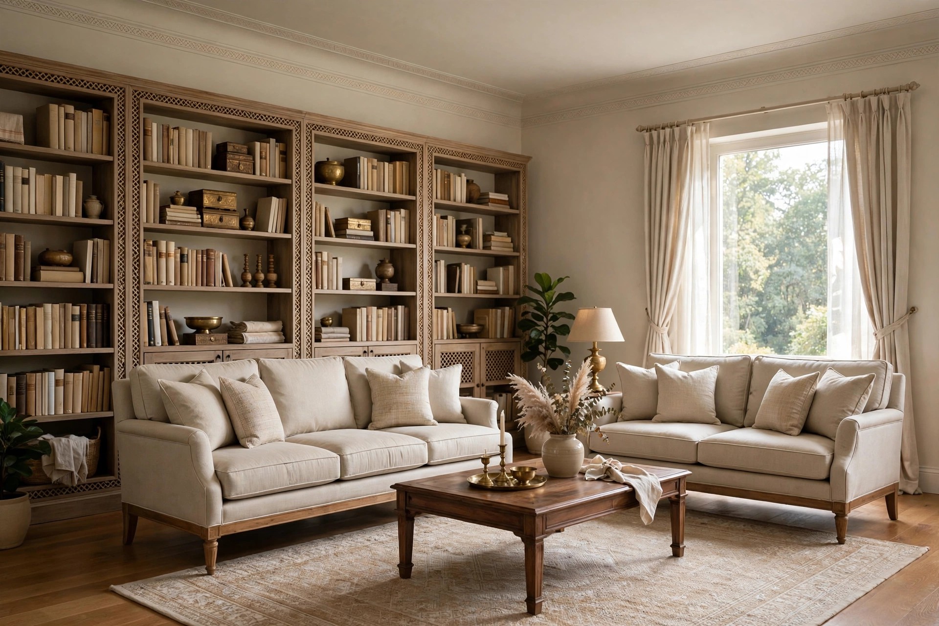 Concept render of a traditional drawing room with bookshelves and formal face-to-face sofas