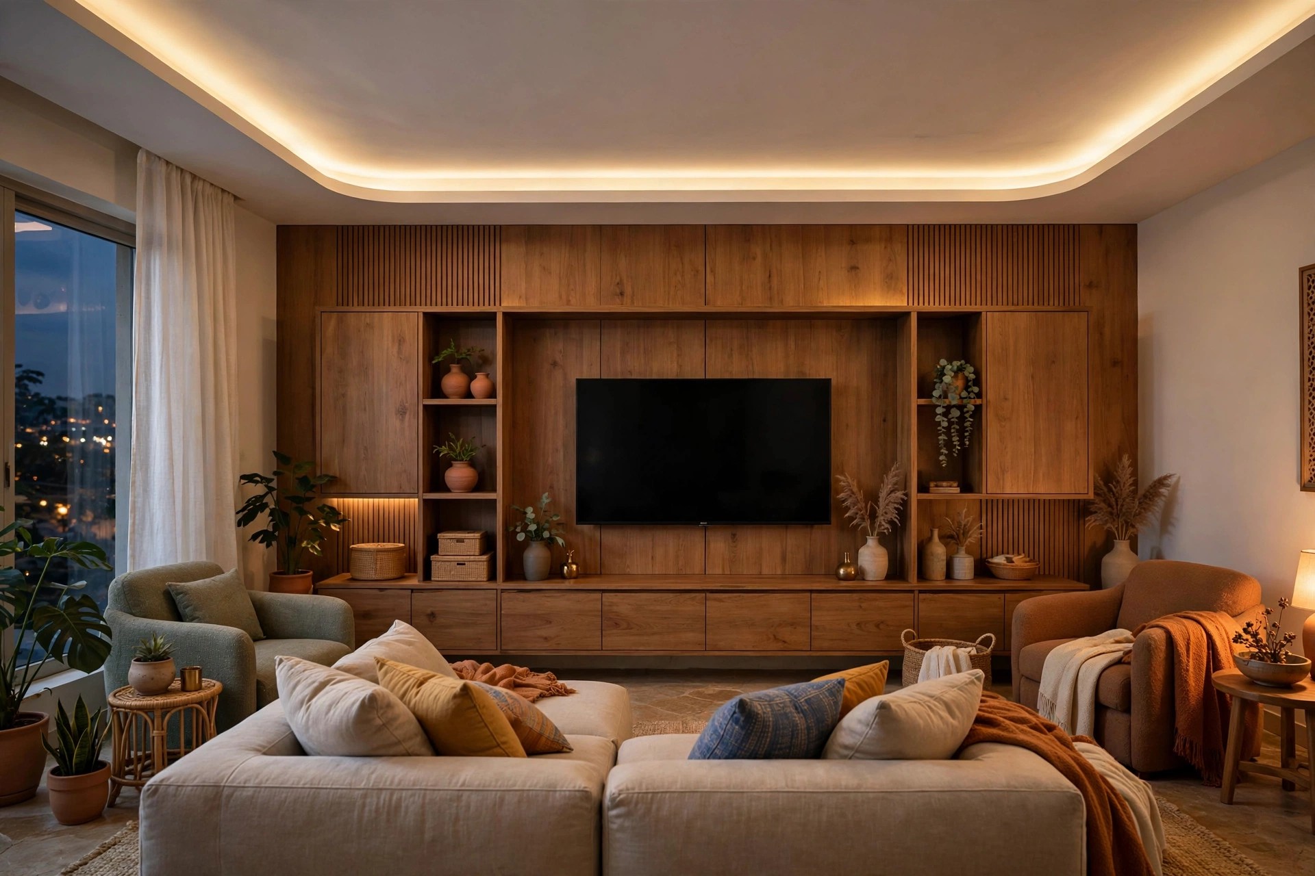 Concept render of a family living room with a TV wall and a simple cove-lit ceiling
