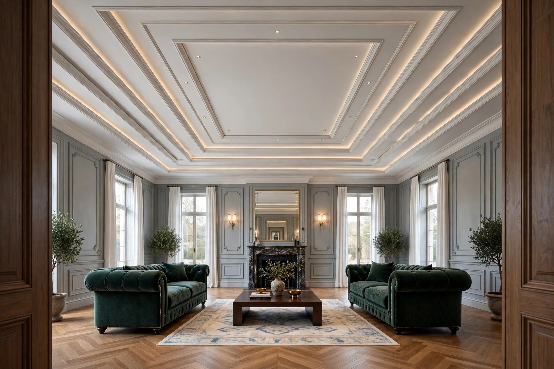 Concept render of a symmetrical ceiling centred over face-to-face sofas, seen from the doorway
