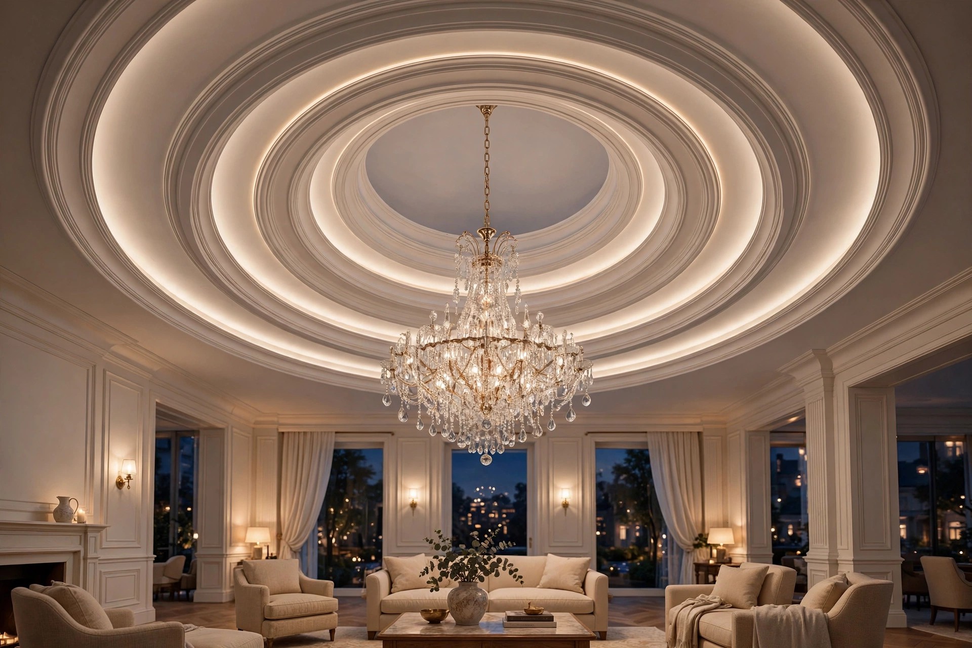 Concept render of a circular ceiling cut-out with layered borders framing a chandelier