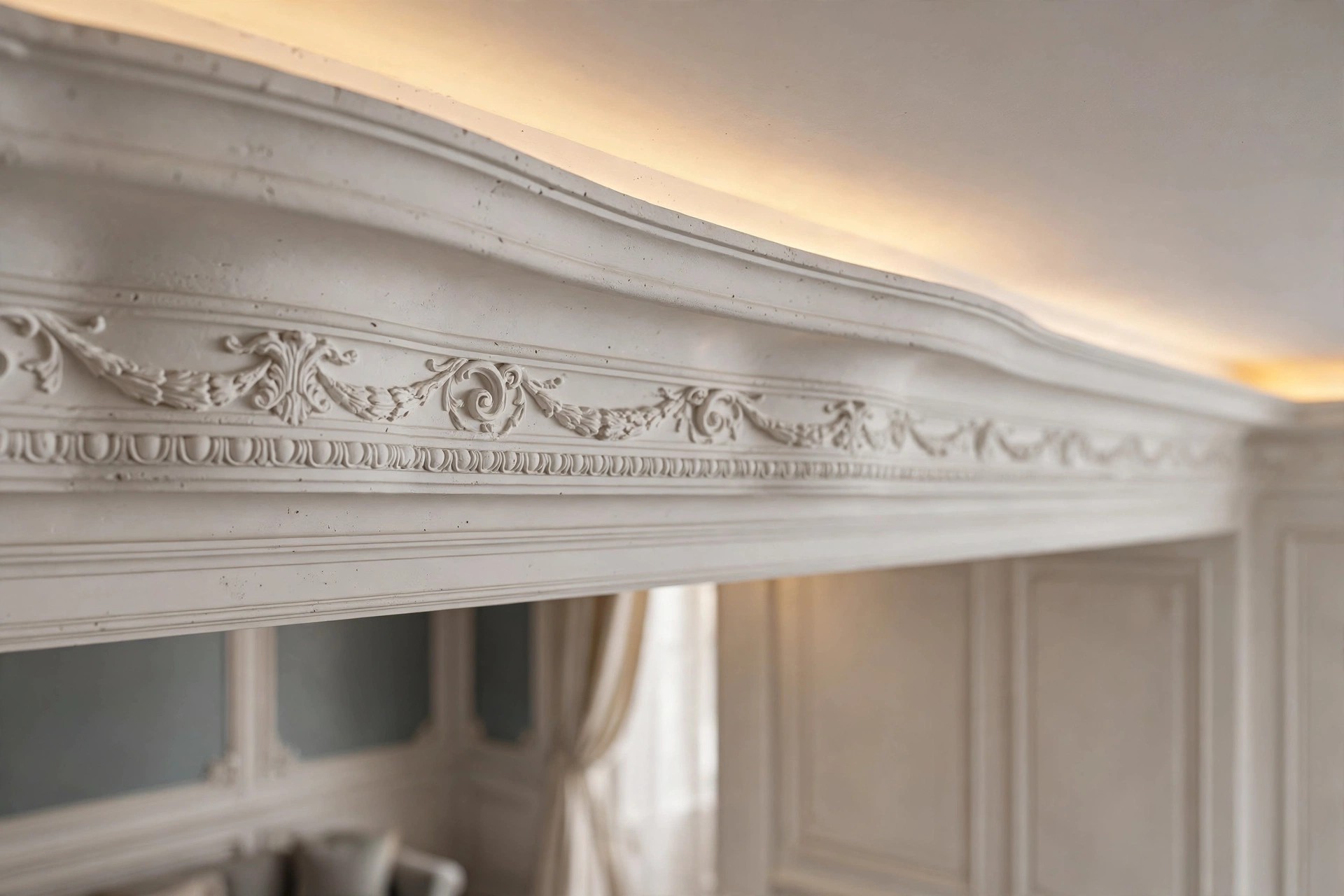 Concept render close-up of a classical white POP cornice moulding on a ceiling border