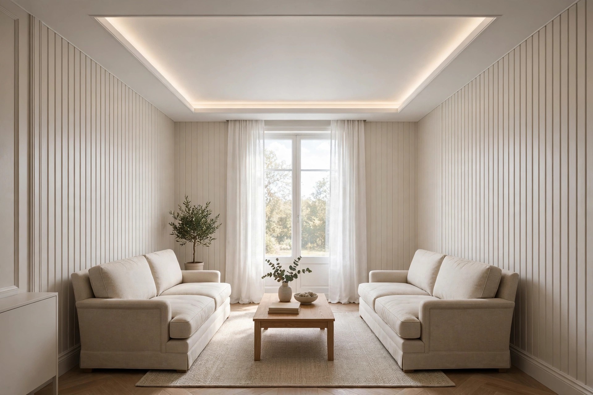 Concept render of a single-layer tray ceiling with LED cove in a standard-height drawing room