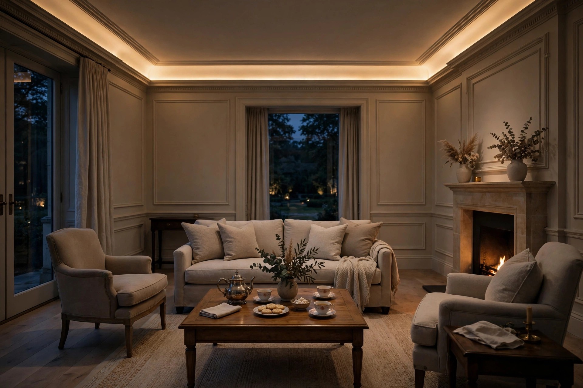Concept render of a formal drawing room at evening with warm hidden cove lighting