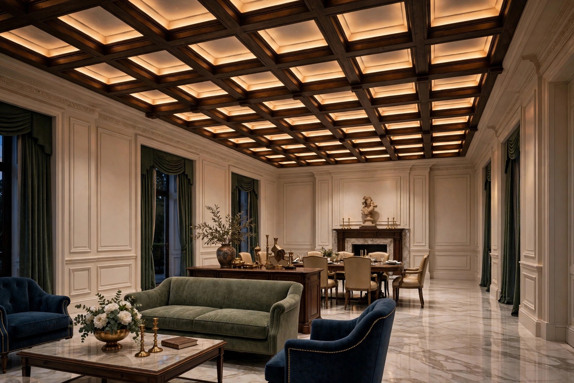 Concept render of a coffered ceiling with timber rafters in a formal entertaining zone