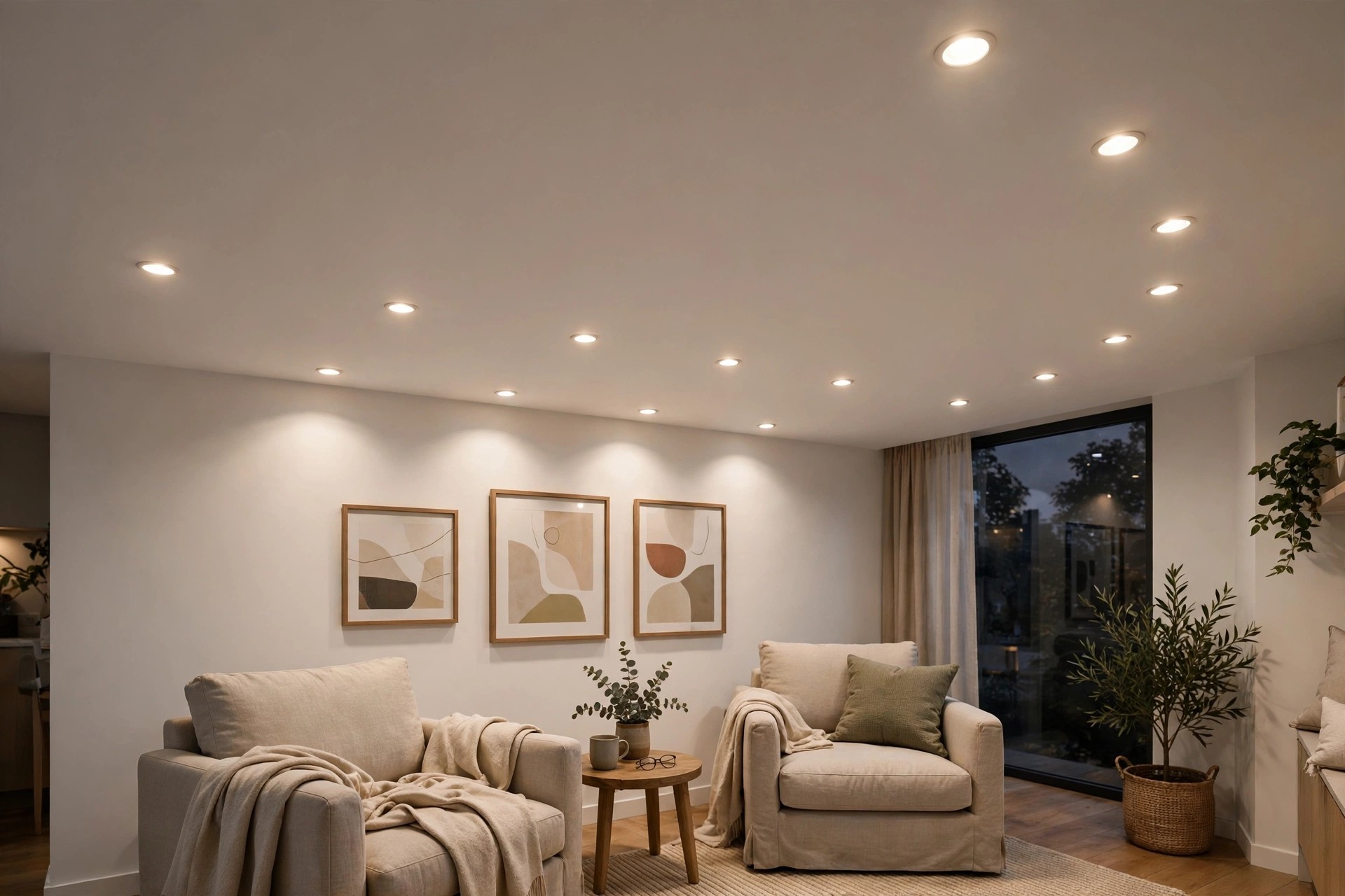Concept render of recessed downlights highlighting a reading corner in a living room