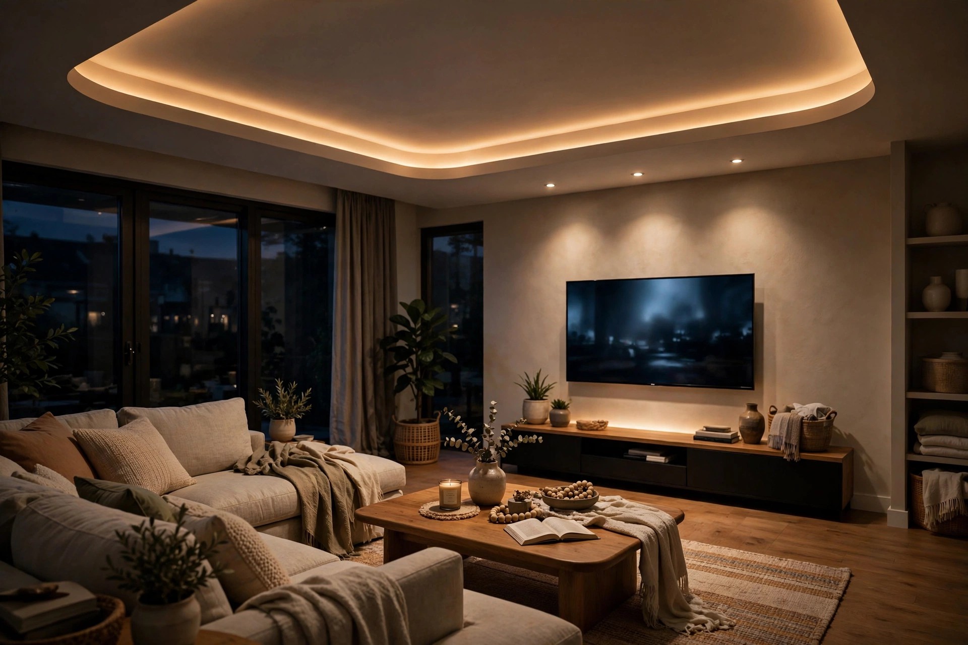Concept render of a family room at evening with a dimmed cove border and TV glow