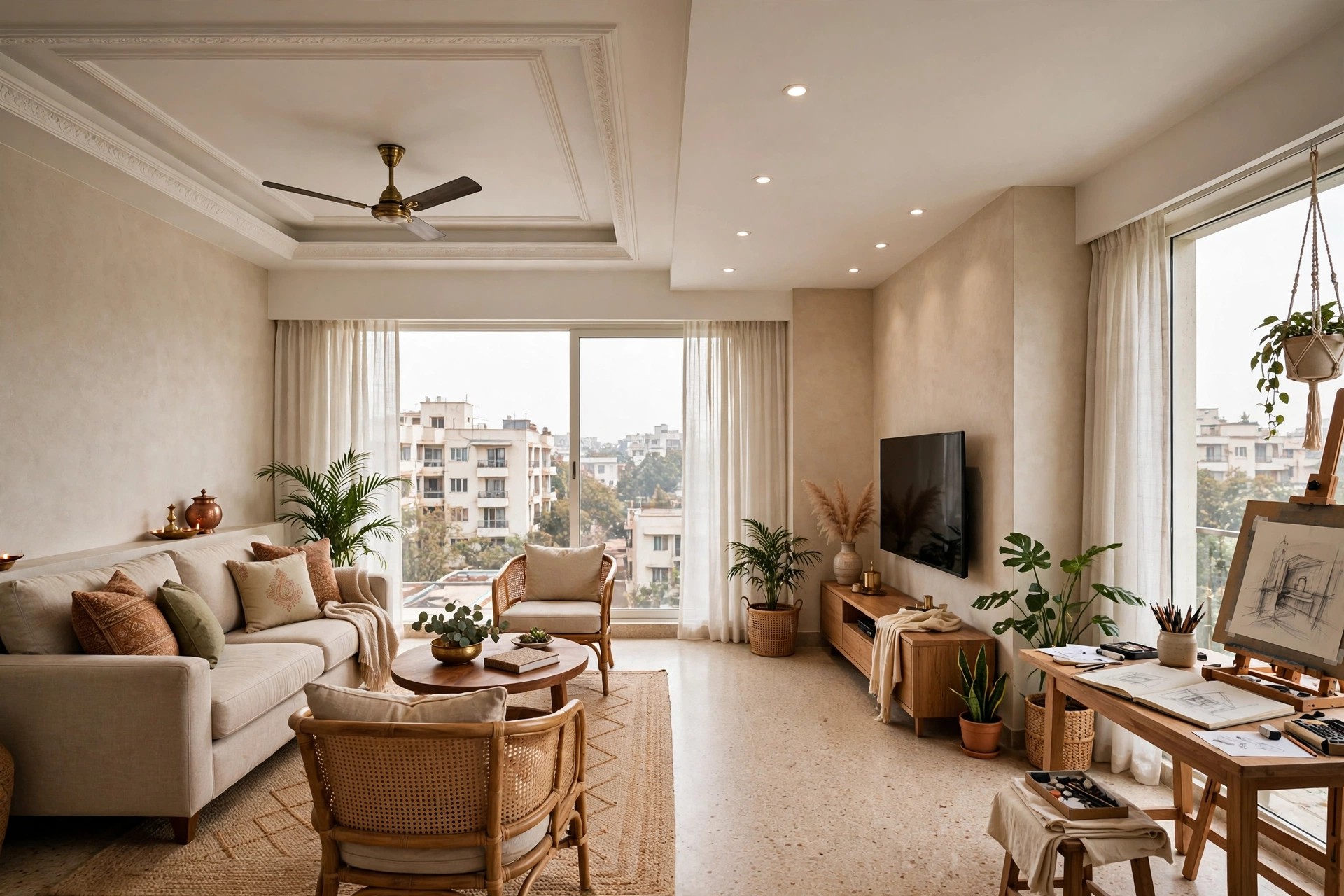 Concept render of an open plan space with different ceiling treatments over each zone