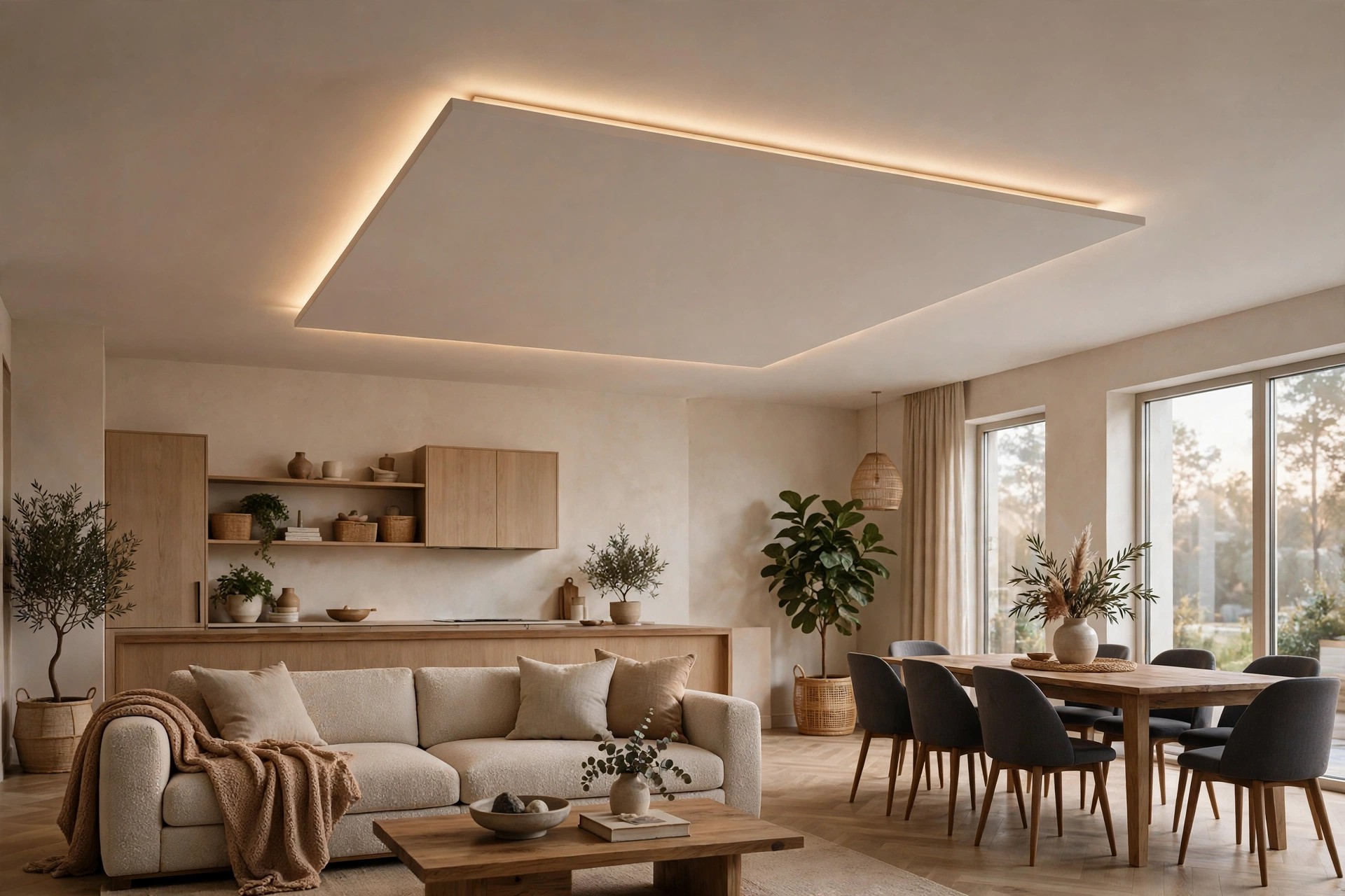 Concept render of a floating ceiling panel with edge lighting over a seating area