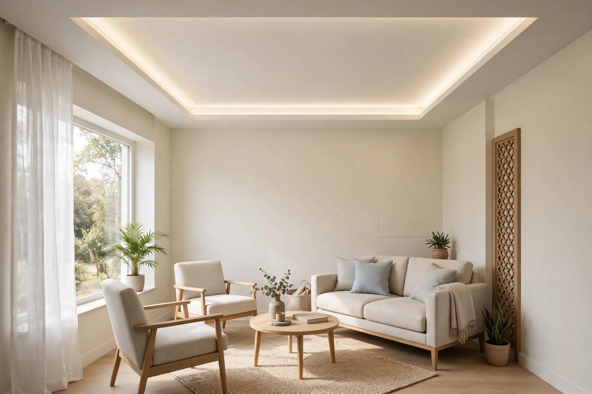 Concept render of a small drawing room with a shallow perimeter cove ceiling