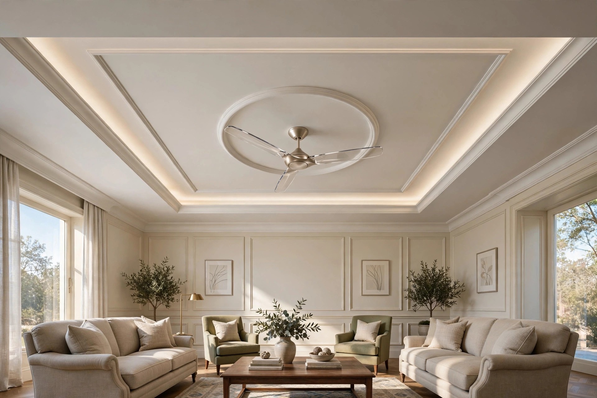 Concept render of a ceiling fan mounted in the centre of a tray ceiling