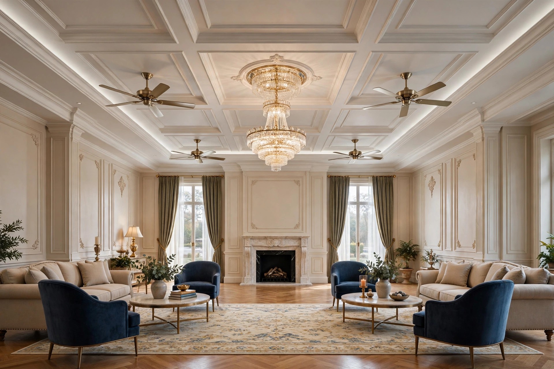 Concept render of ceiling fans arranged symmetrically around a chandelier in a large room