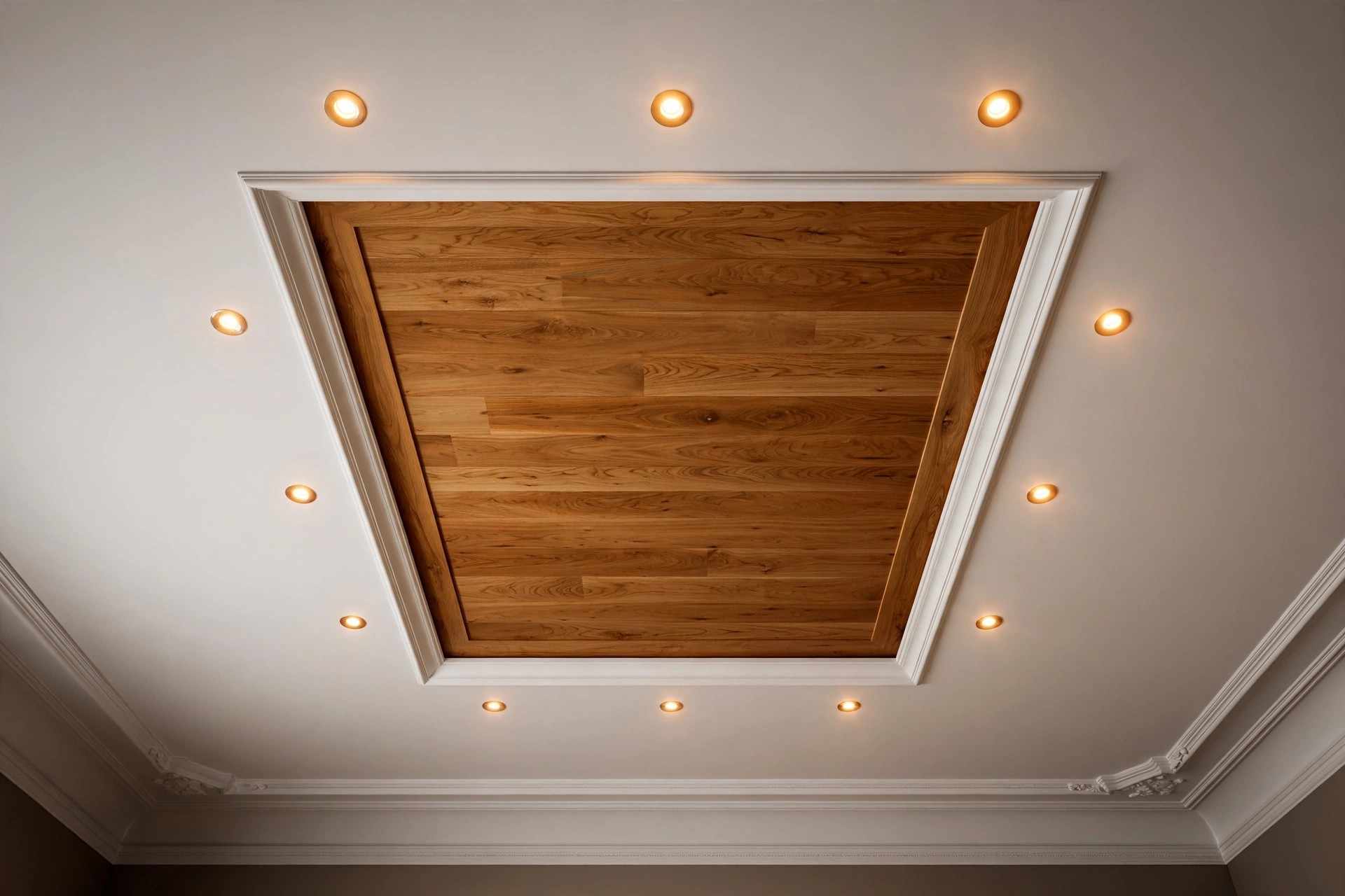 Concept render of a timber veneer accent panel set into a white ceiling over seating