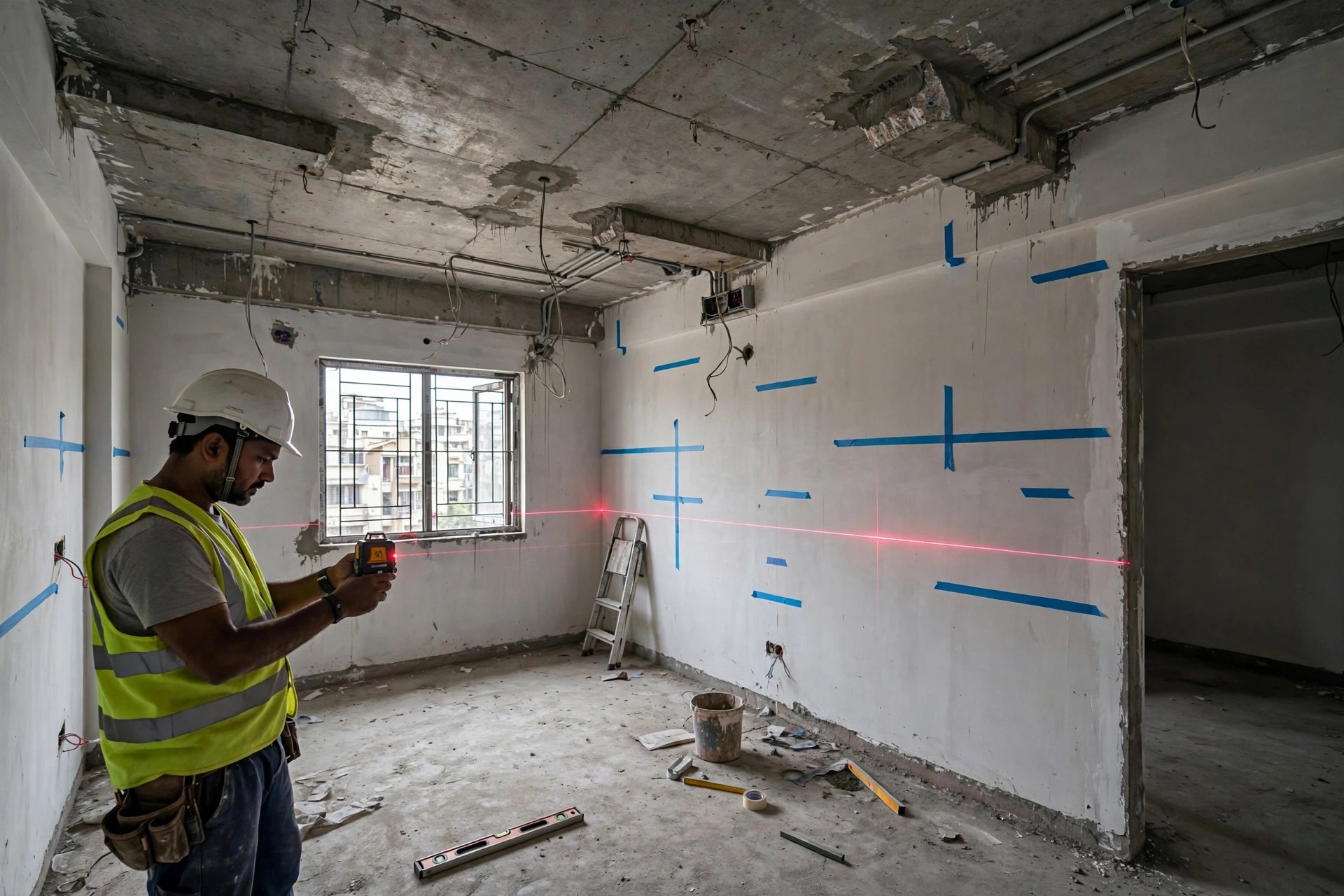 Concept render of a worker marking ceiling height with a laser level before installation