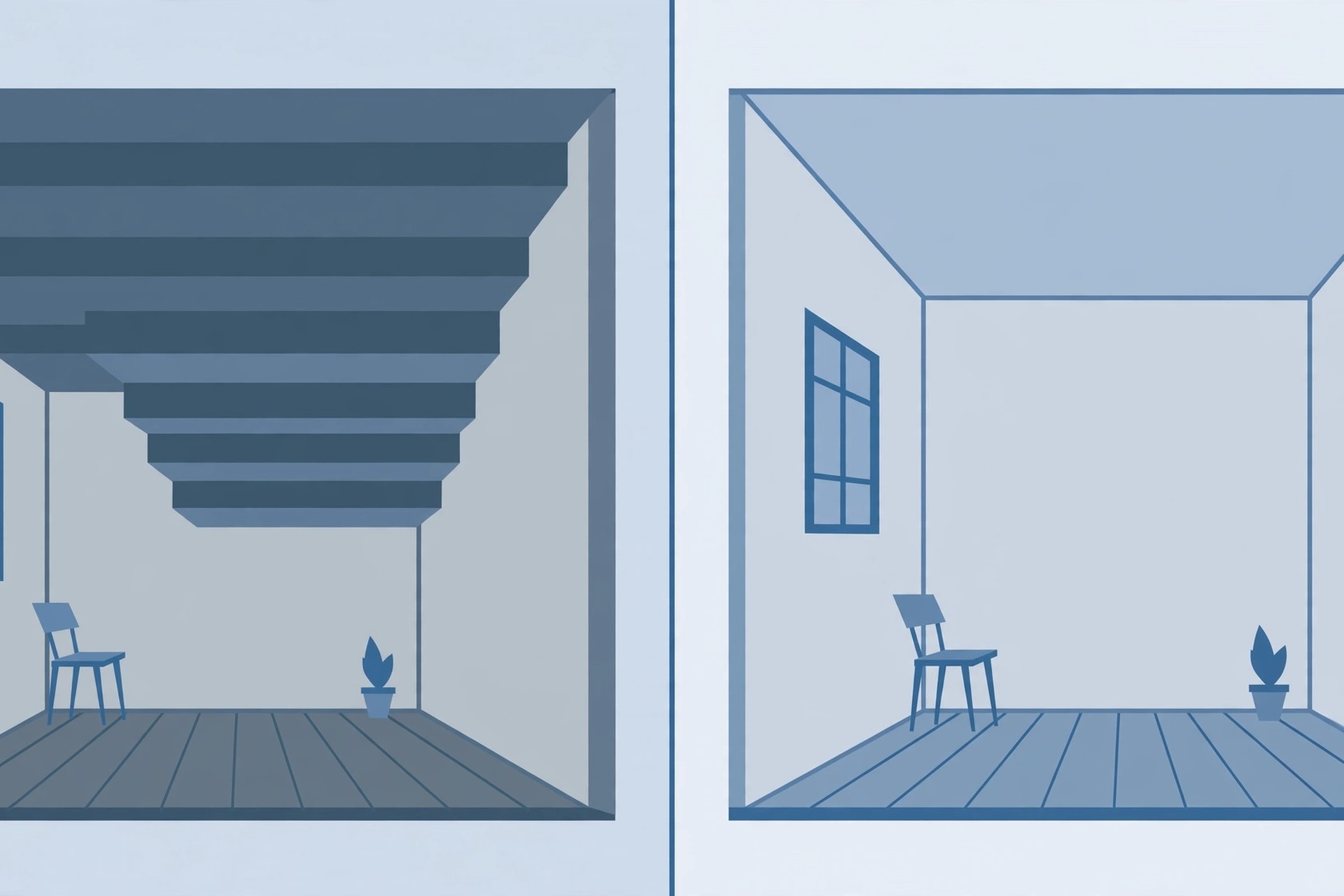 Illustration comparing an over-layered ceiling with a shallow ceiling in a small room