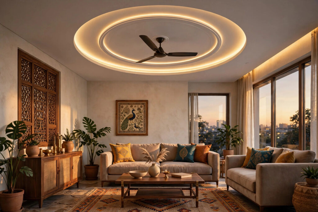 Living room with a ceiling fan centred in a framed circular ceiling recess