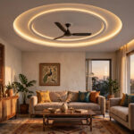 Living room with a ceiling fan centred in a framed circular ceiling recess