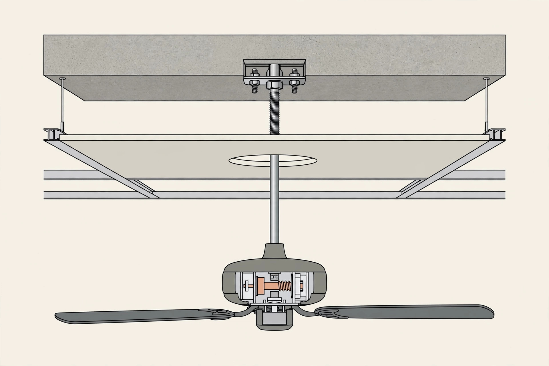 Diagram showing a ceiling fan anchored to the structural slab through a false ceiling cut-out