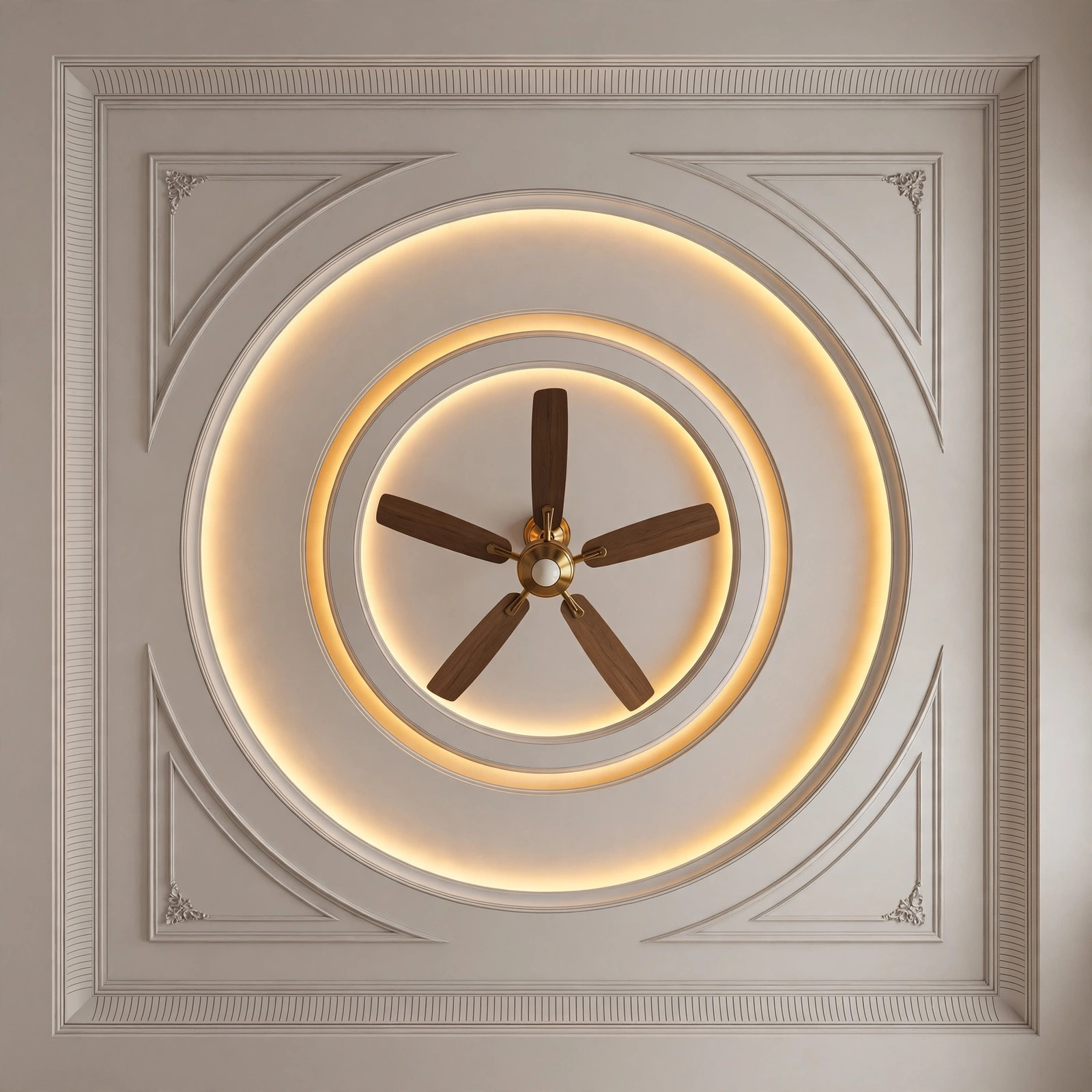 Living room ceiling with concentric cove rings around a central ceiling fan