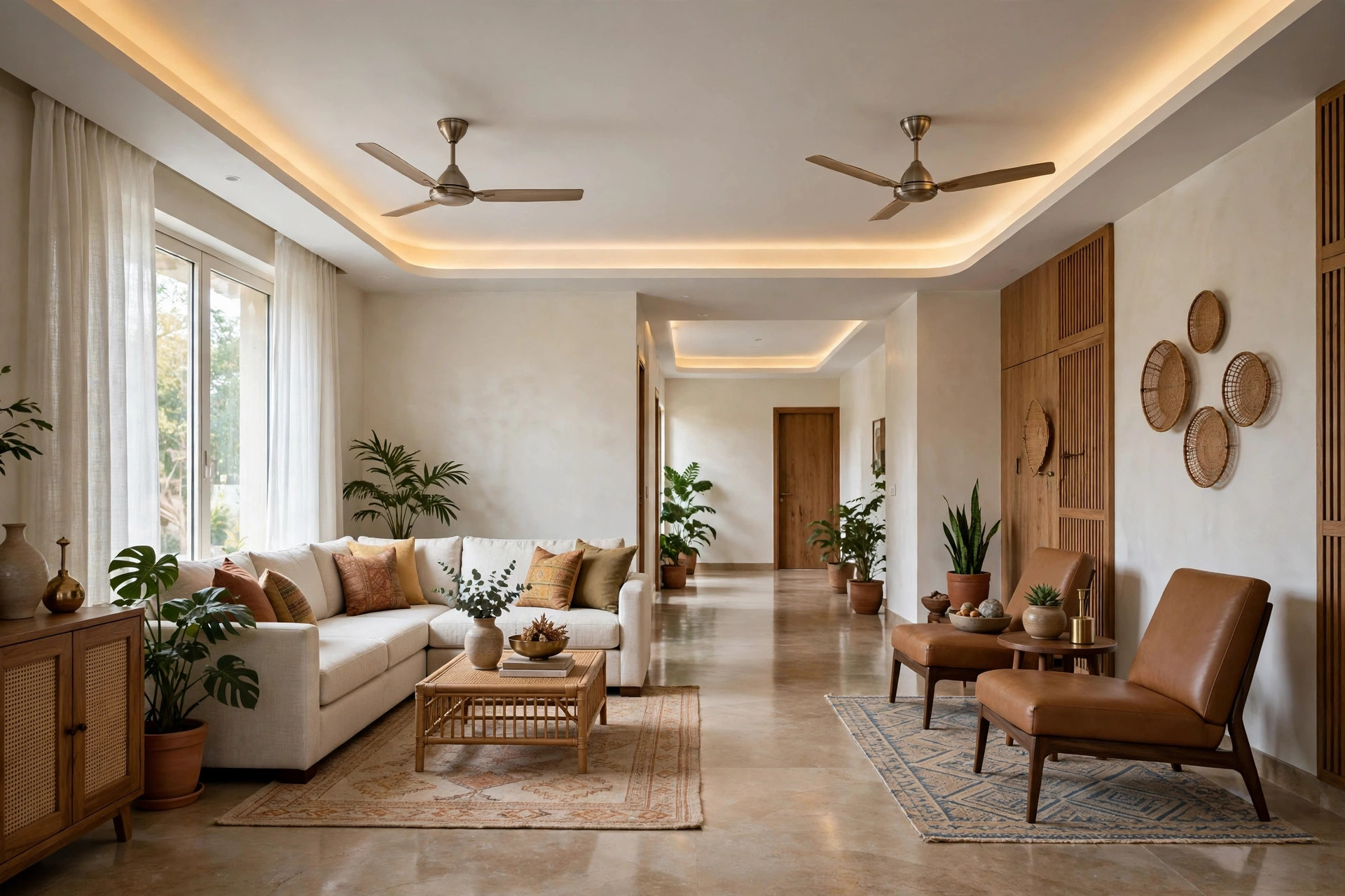 Long living room with two ceiling fans placed over two seating zones