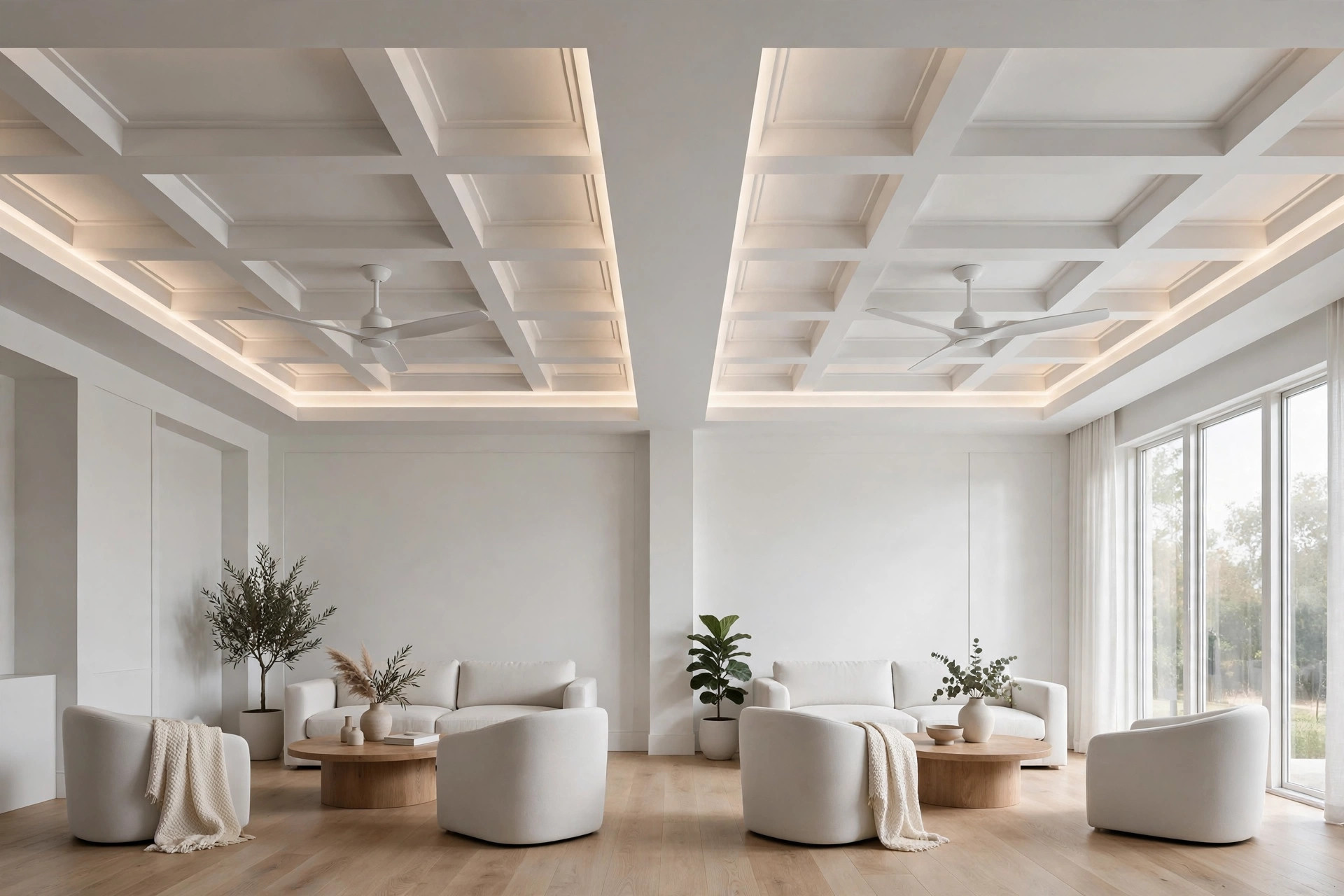Long living room divided into two coffered ceiling bays, each with a fan