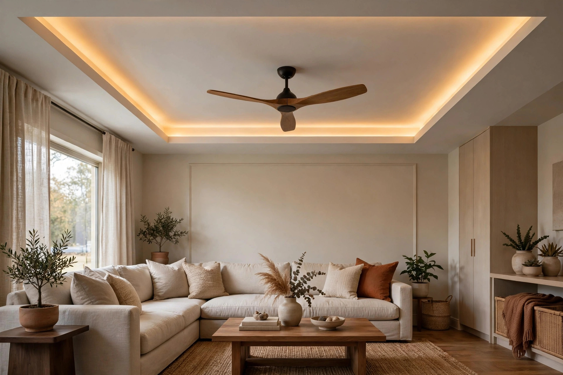 Living room tray ceiling with a ceiling fan at its centre and cove lighting