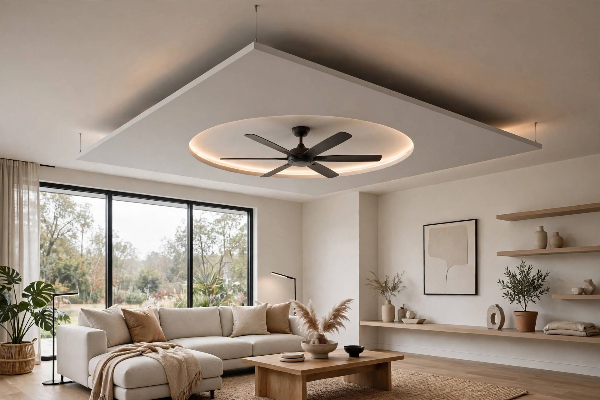 Living room with a floating ceiling panel and a fan mounted at its centre